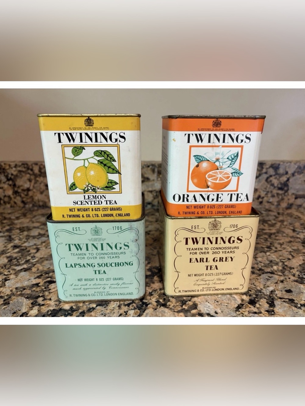 Vintage Twinings Tea Tins Set of 4,Lemon, Orange,Earl Grey, Lapsang Souchong 8oz